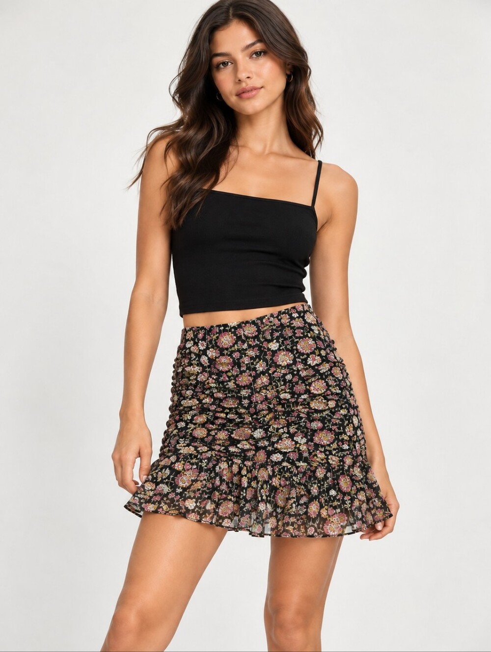 MANGO Floral Lurex Ruched Ruffle Mini Skirt Black Pink Size L